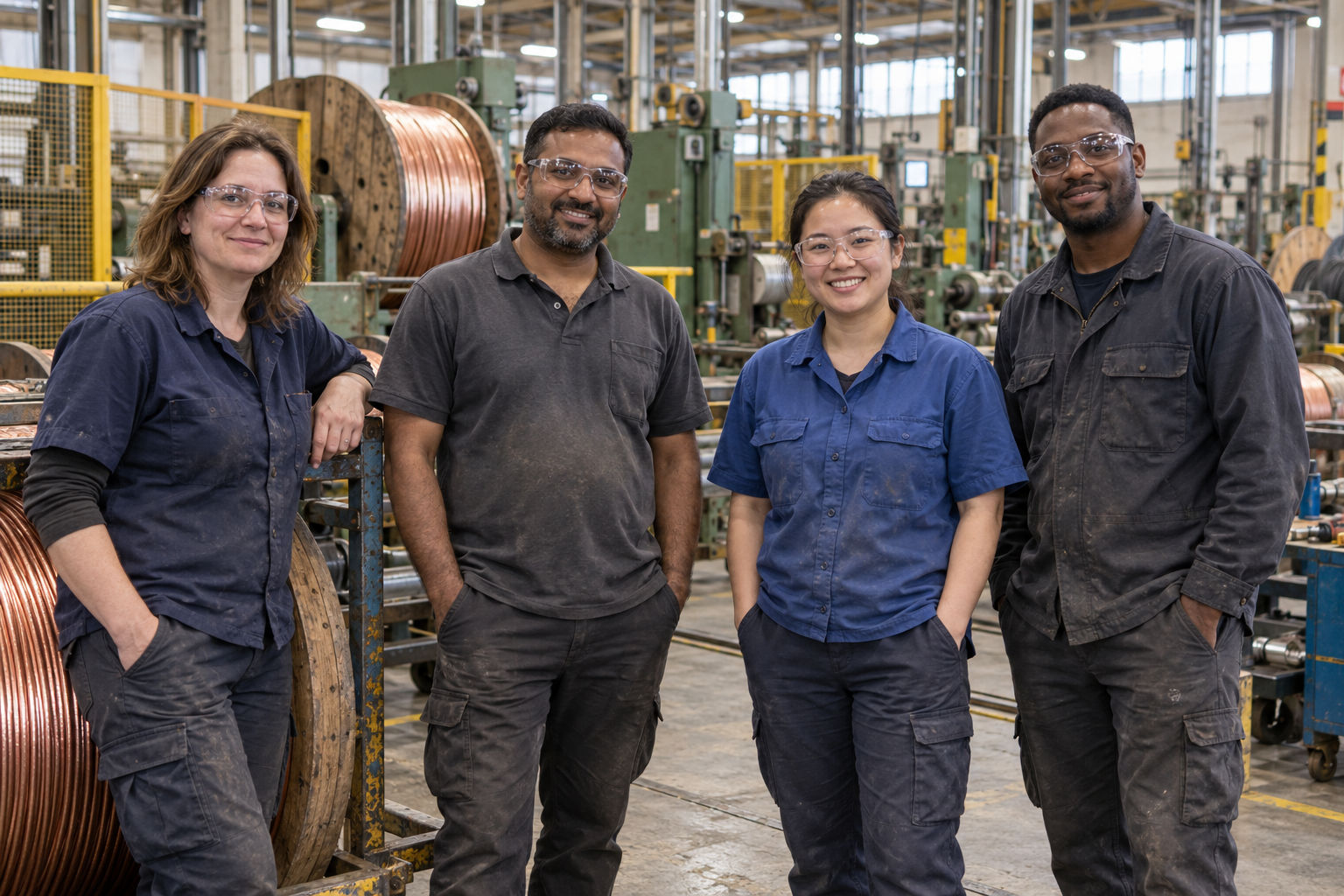 Four fictional cable manufacturing coworkers in work clothes and safety glasses, standing together beside cable reels